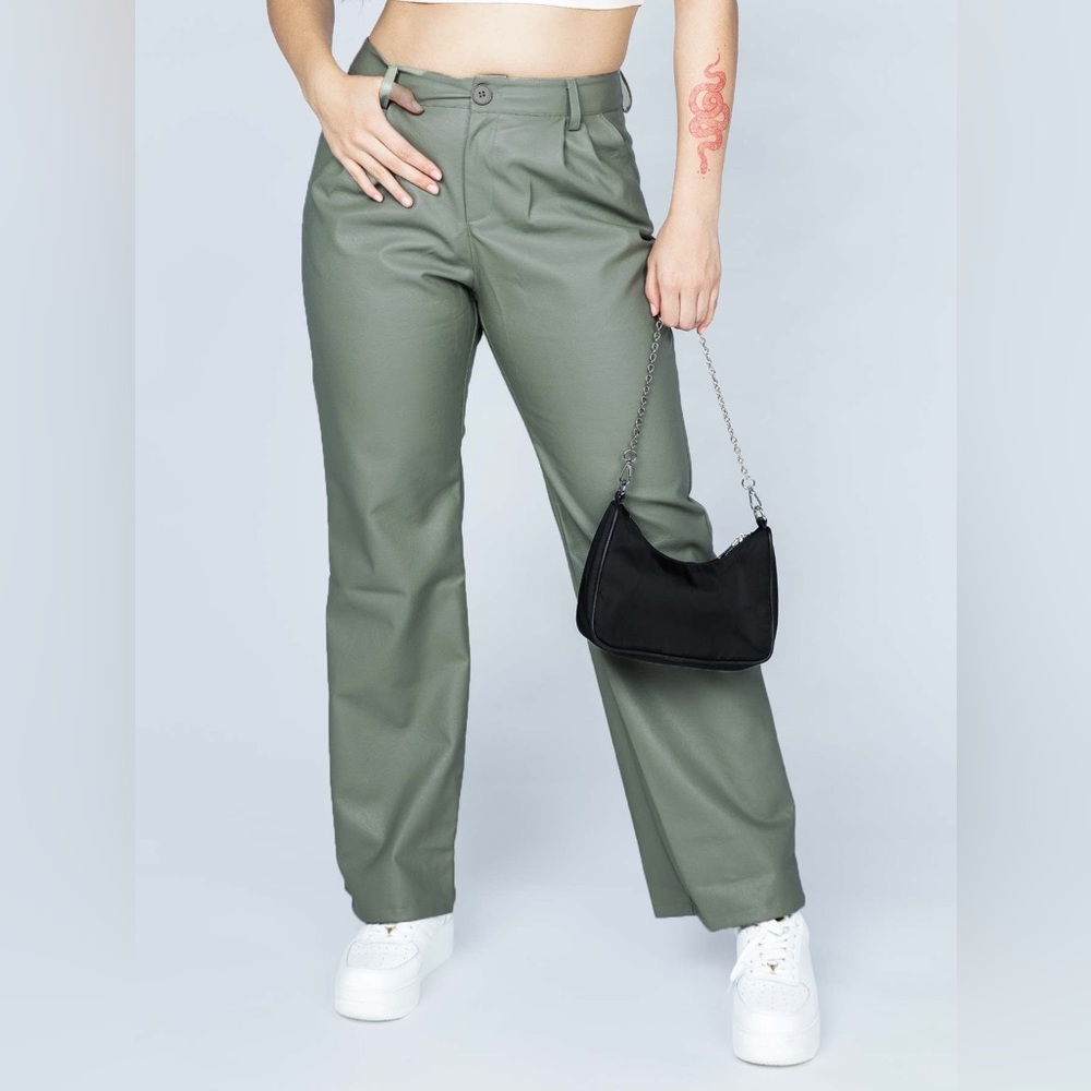 Princess Polly Faux Leather Charly Sage Green Pants